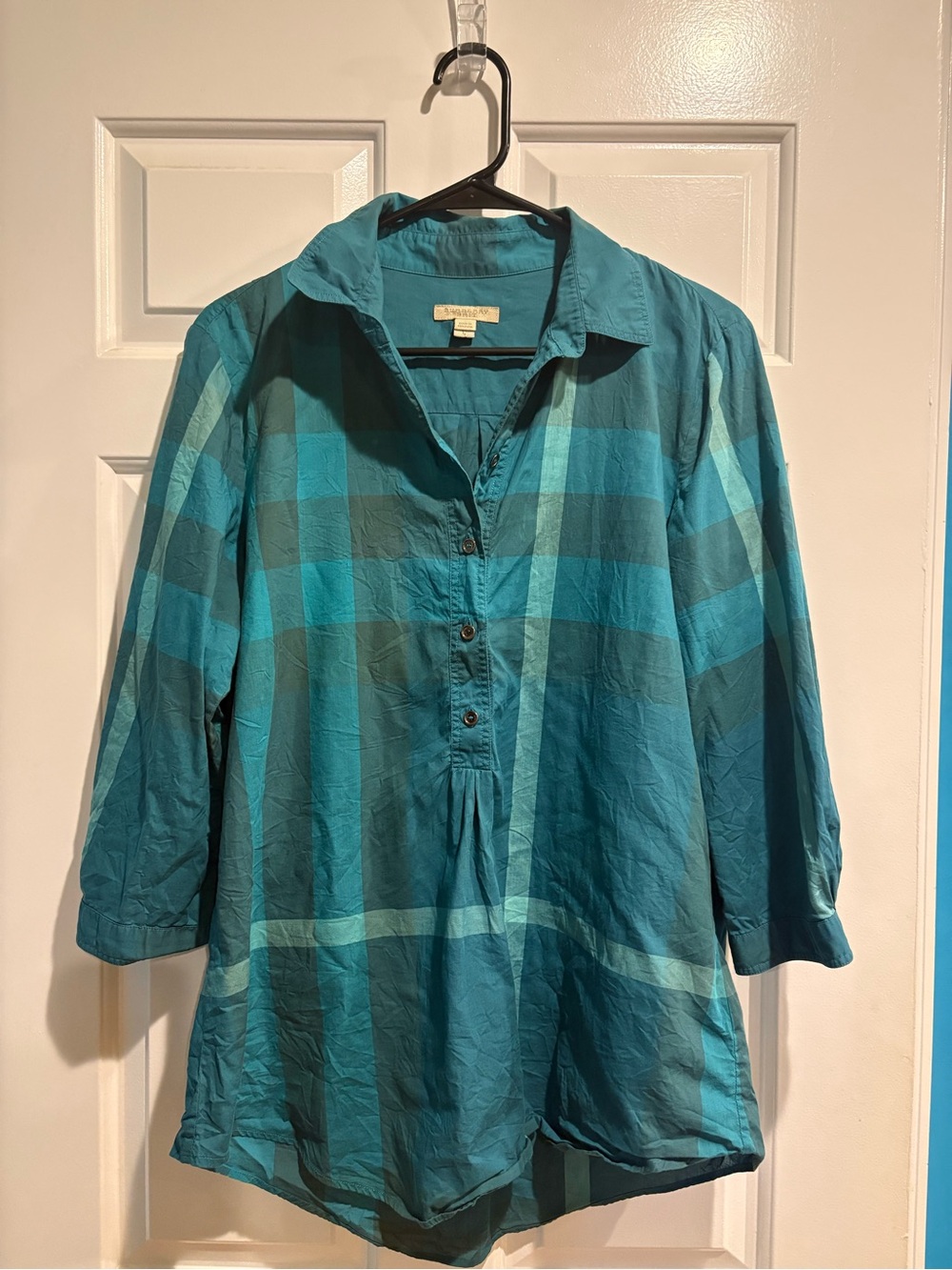 Burberry Brit cotton plaid shirt top teal blue green sz M L